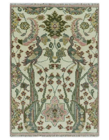 The Peacock Garden Ivory and Green Bird Hand Knotted Multi size Wool Area Rug.