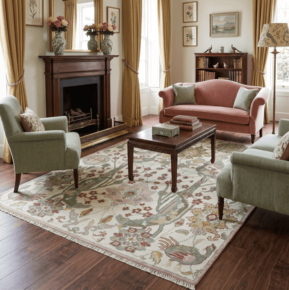 The Peacock Garden Ivory and Green Bird Hand Knotted Multi size Wool Area Rug.
