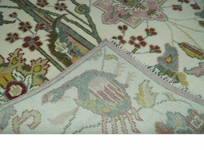 The Peacock Garden Ivory and Green Bird Hand Knotted Multi size Wool Area Rug.