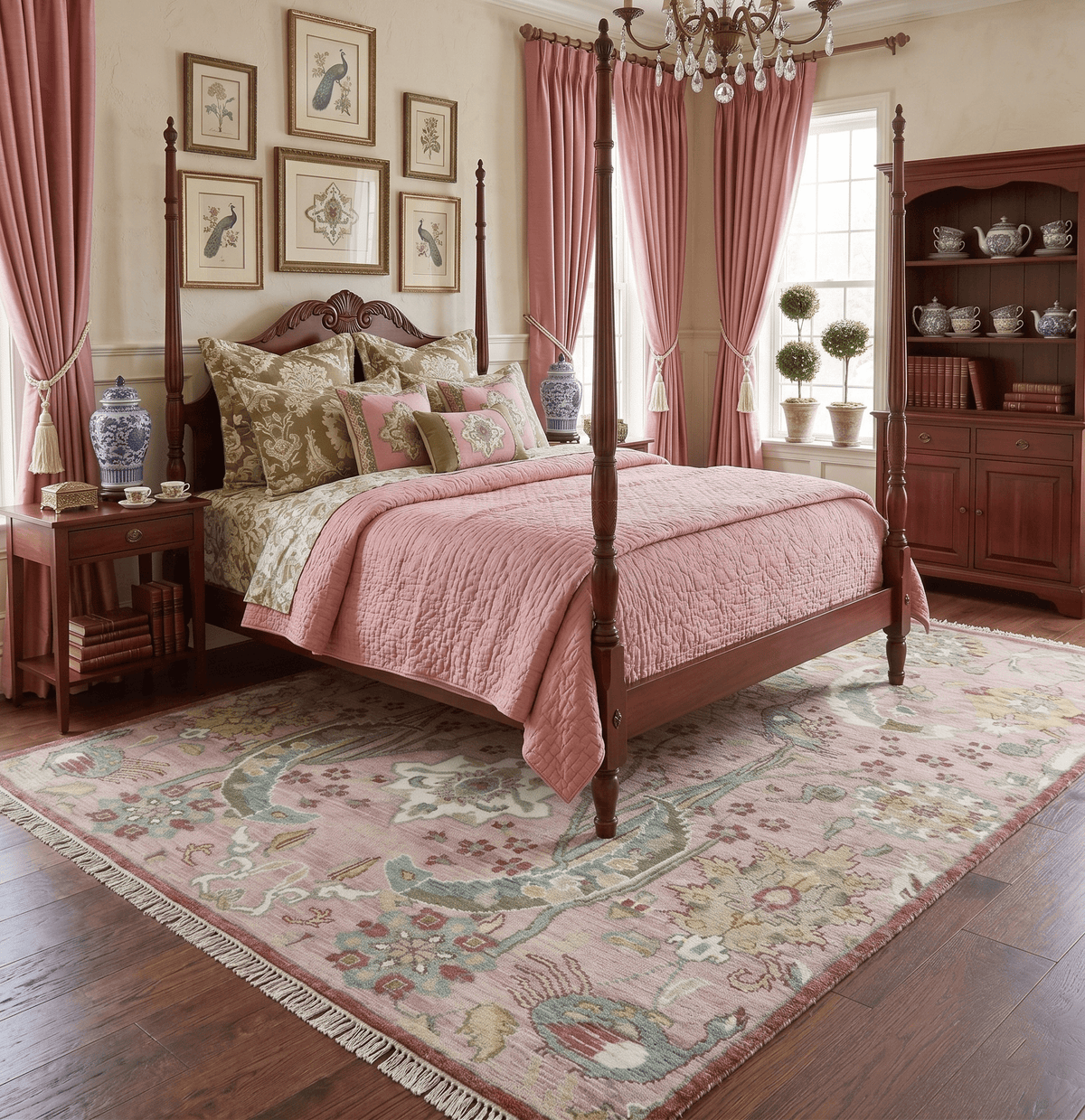 The Peacock Garden Pink and Green Peacock Bird Hand Knotted Multi size Wool Area Rug.