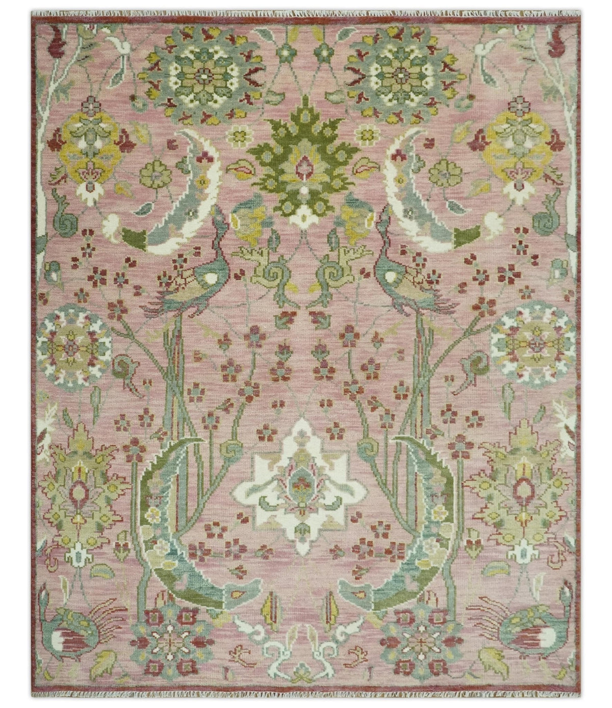 The Peacock Garden Pink and Green Peacock Bird Hand Knotted Multi size Wool Area Rug.