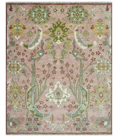 The Peacock Garden Pink and Green Peacock Bird Hand Knotted Multi size Wool Area Rug.