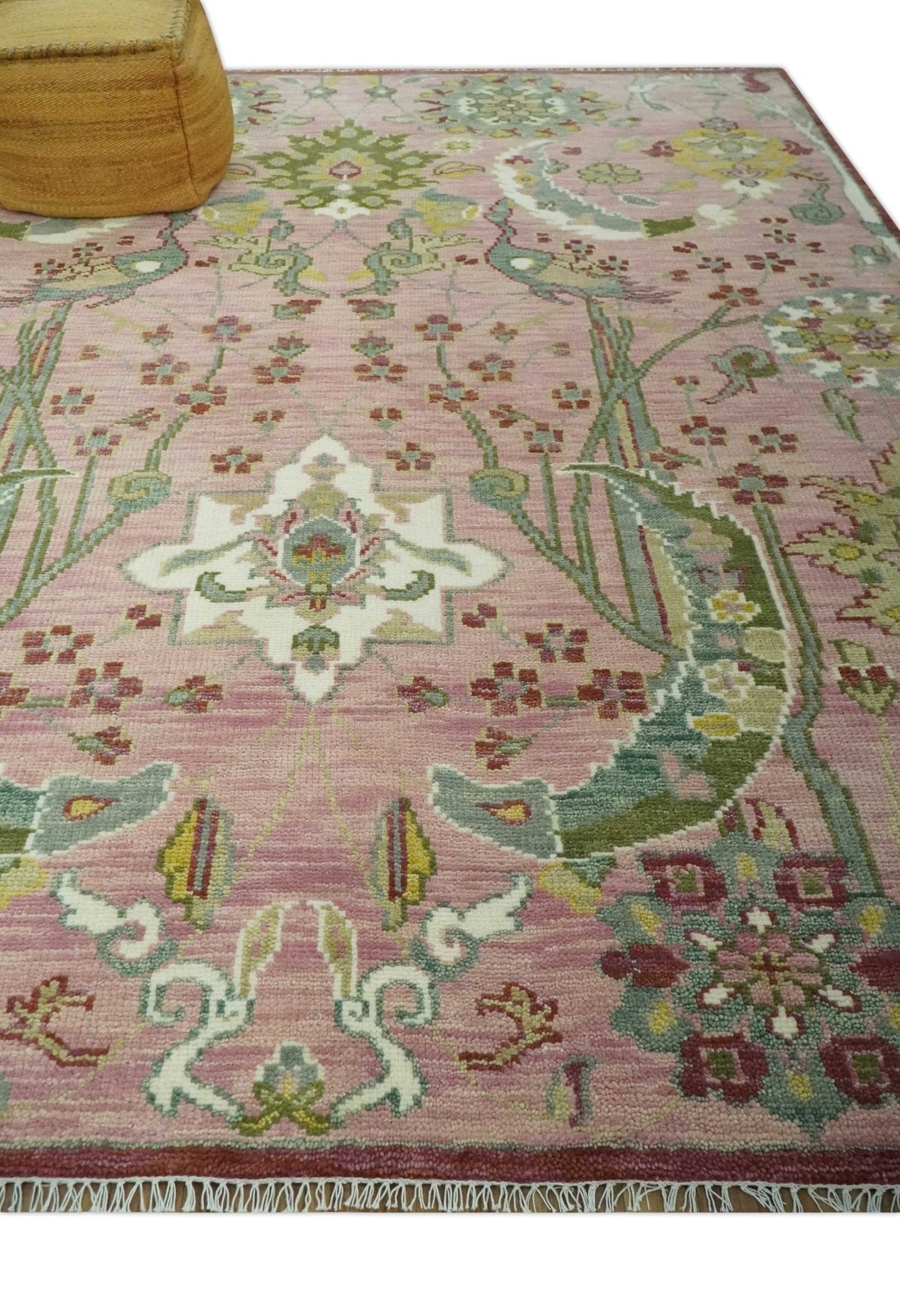 The Peacock Garden Pink and Green Peacock Bird Hand Knotted Multi size Wool Area Rug.
