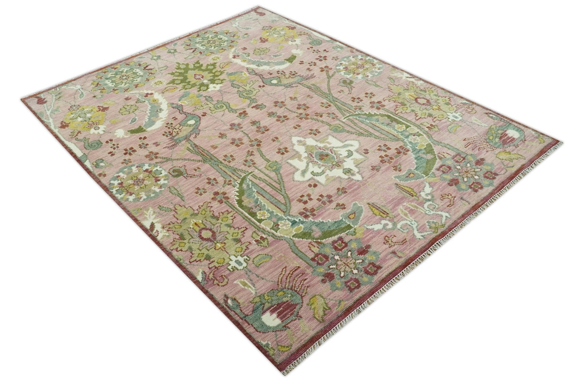 The Peacock Garden Pink and Green Peacock Bird Hand Knotted Multi size Wool Area Rug.