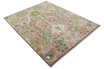 The Peacock Garden Pink and Green Peacock Bird Hand Knotted Multi size Wool Area Rug.