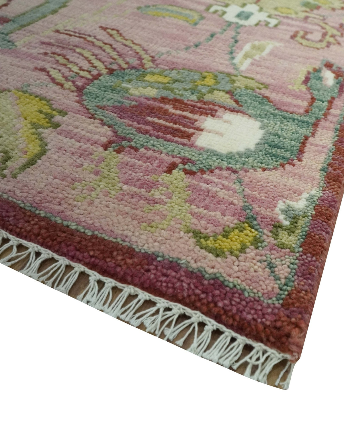 The Peacock Garden Pink and Green Peacock Bird Hand Knotted Multi size Wool Area Rug.