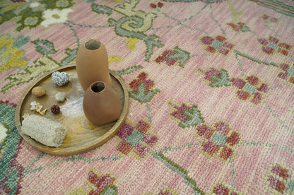 The Peacock Garden Pink and Green Peacock Bird Hand Knotted Multi size Wool Area Rug.
