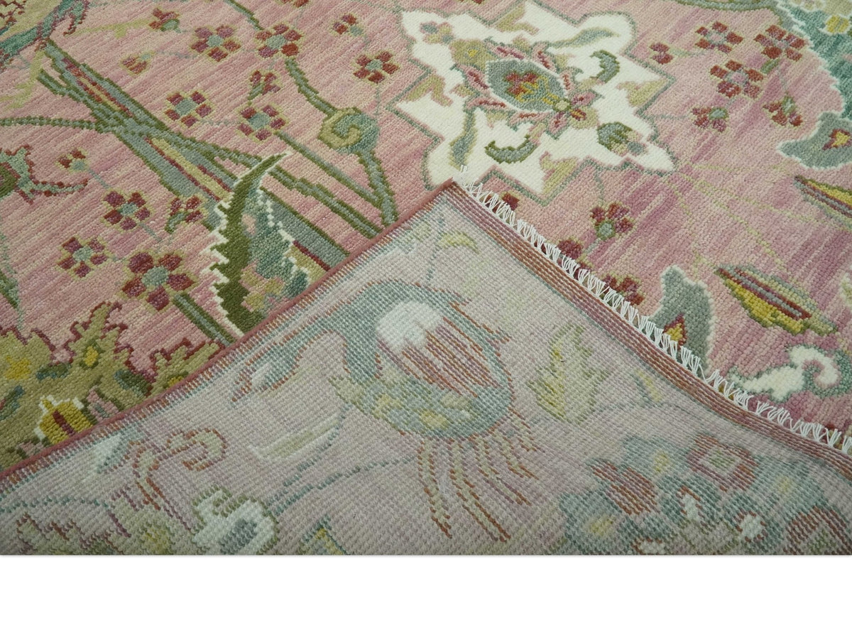 The Peacock Garden Pink and Green Peacock Bird Hand Knotted Multi size Wool Area Rug.