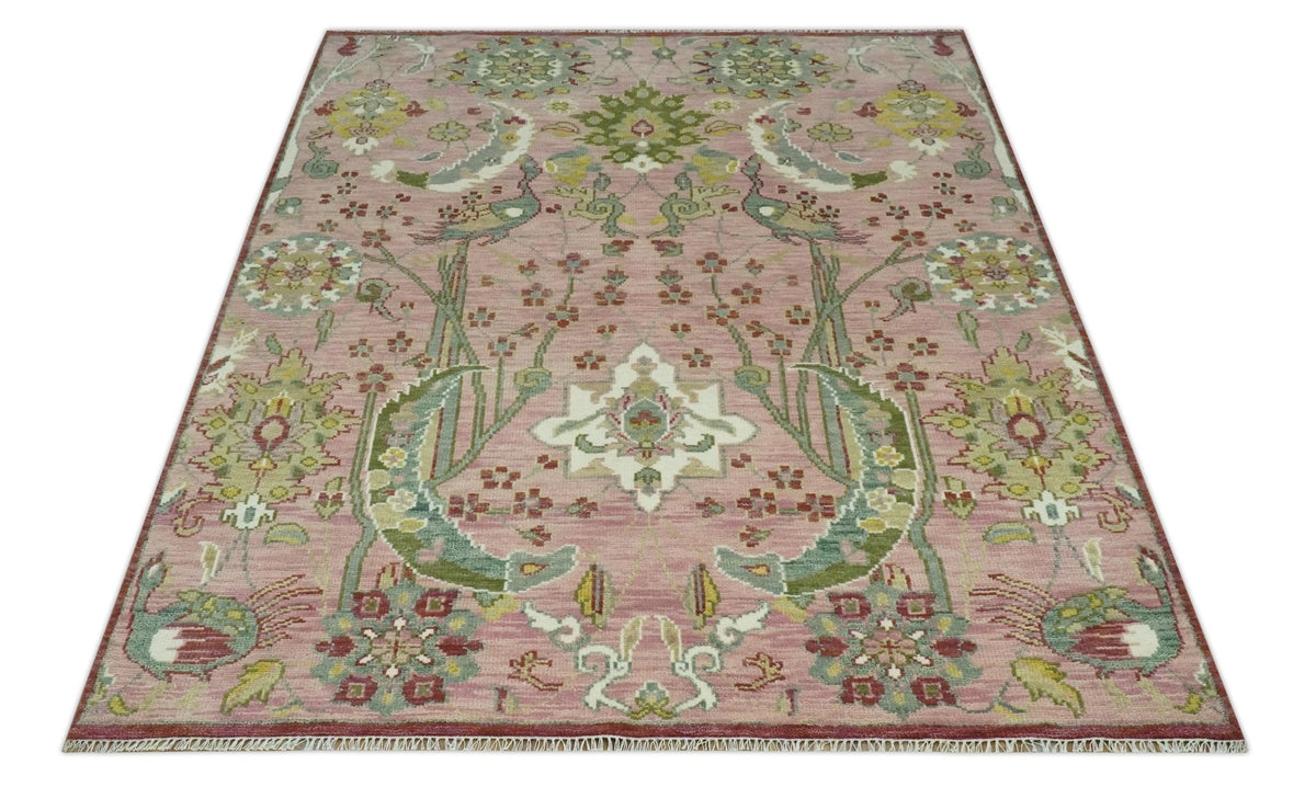 The Peacock Garden Pink and Green Peacock Bird Hand Knotted Multi size Wool Area Rug.