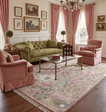 The Peacock Garden Pink and Green Peacock Bird Hand Knotted Multi size Wool Area Rug.