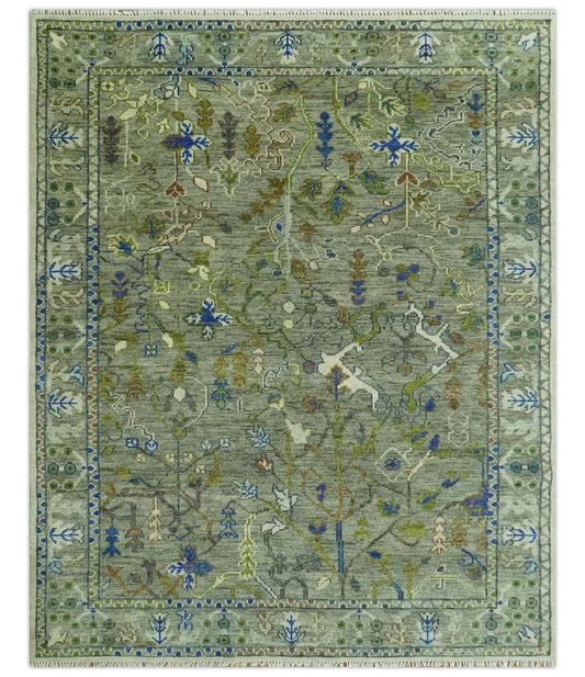 The Plants and Roots Green Hand Knotted Traditional Custom Made Wool Area Rug.