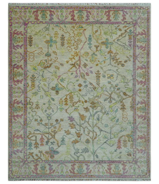 The Plants and Roots Ivory and Pink Hand Knotted Traditional Custom Made Wool Rug.