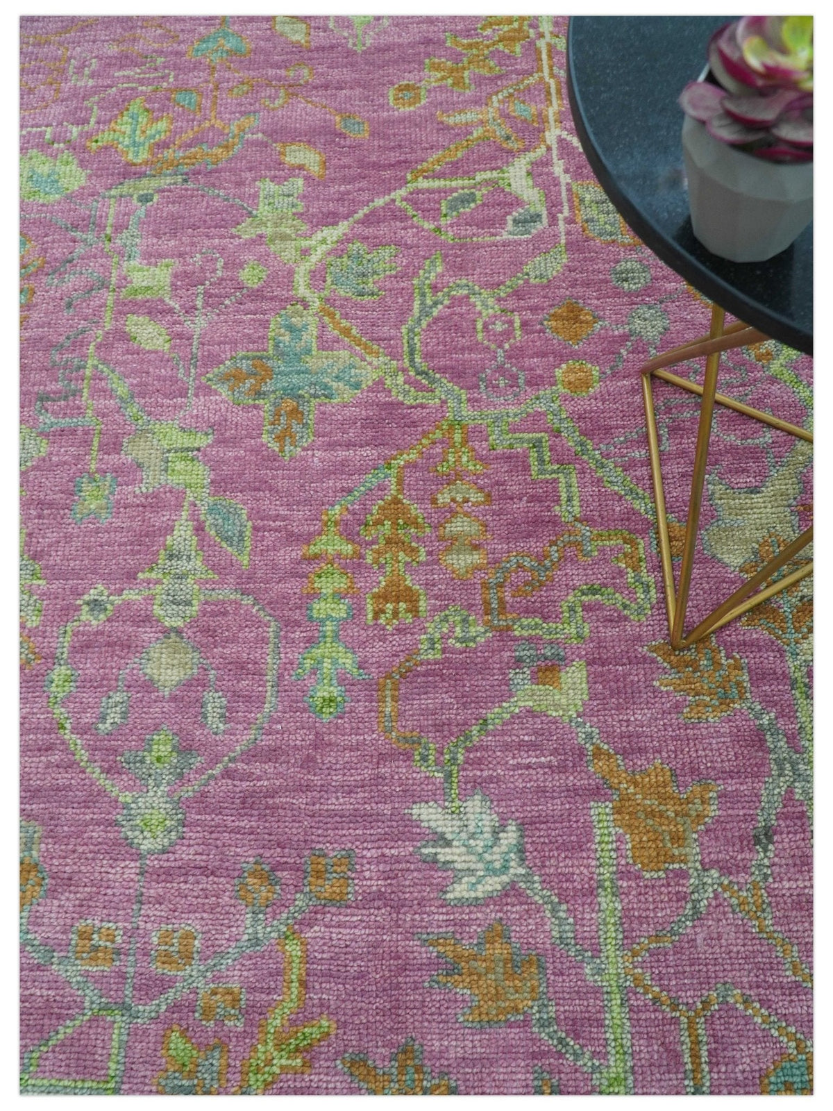 The Plants and Roots Pink and Green Hand Knotted Traditional Custom Made Wool Rug.