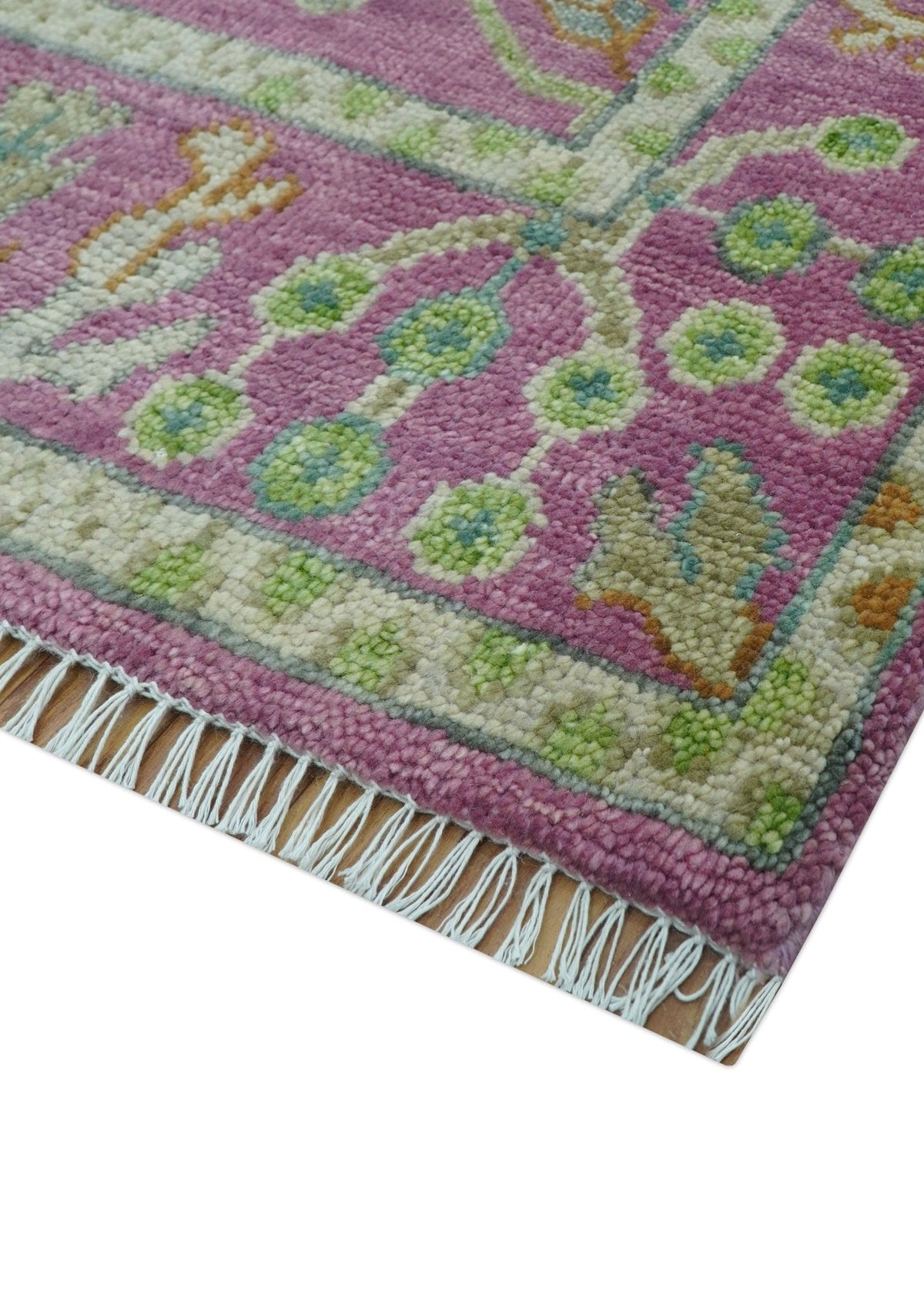 The Plants and Roots Pink and Green Hand Knotted Traditional Custom Made Wool Rug.