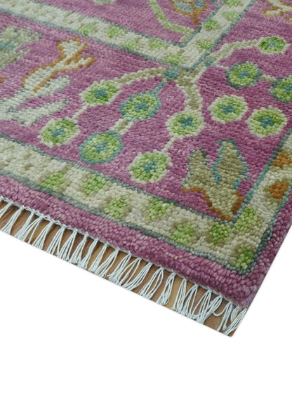 The Plants and Roots Pink and Green Hand Knotted Traditional Custom Made Wool Rug.