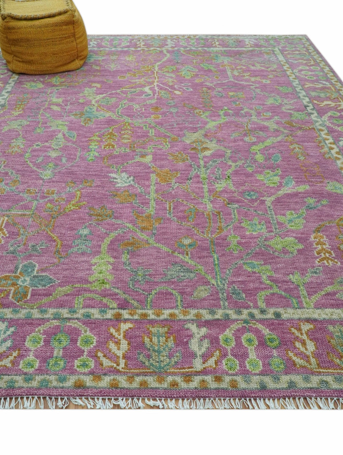 The Plants and Roots Pink and Green Hand Knotted Traditional Custom Made Wool Rug.