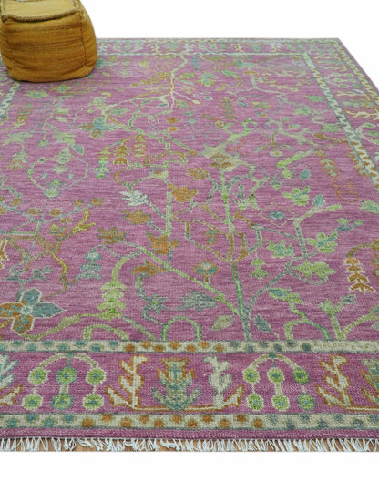The Plants and Roots Pink and Green Hand Knotted Traditional Custom Made Wool Rug.