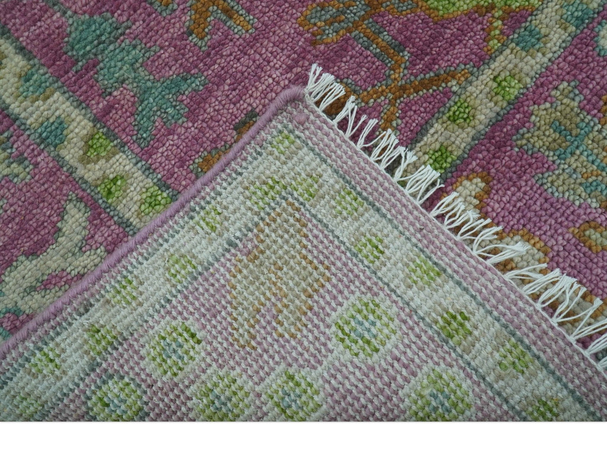 The Plants and Roots Pink and Green Hand Knotted Traditional Custom Made Wool Rug.