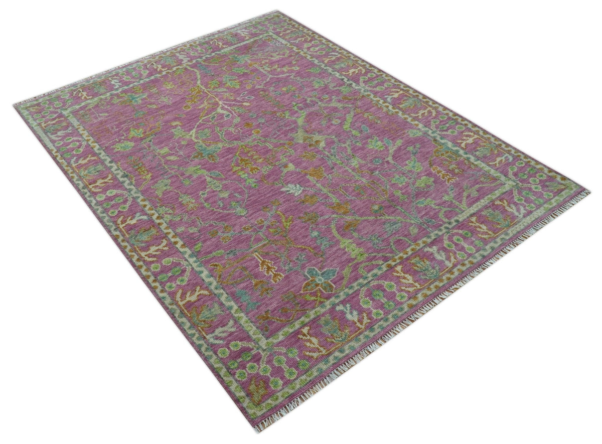 The Plants and Roots Pink and Green Hand Knotted Traditional Custom Made Wool Rug.