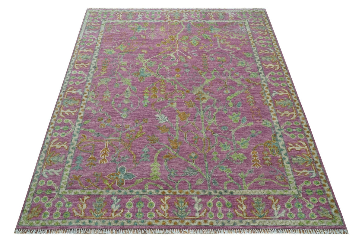 The Plants and Roots Pink and Green Hand Knotted Traditional Custom Made Wool Rug.