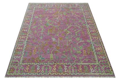 The Plants and Roots Pink and Green Hand Knotted Traditional Custom Made Wool Rug.