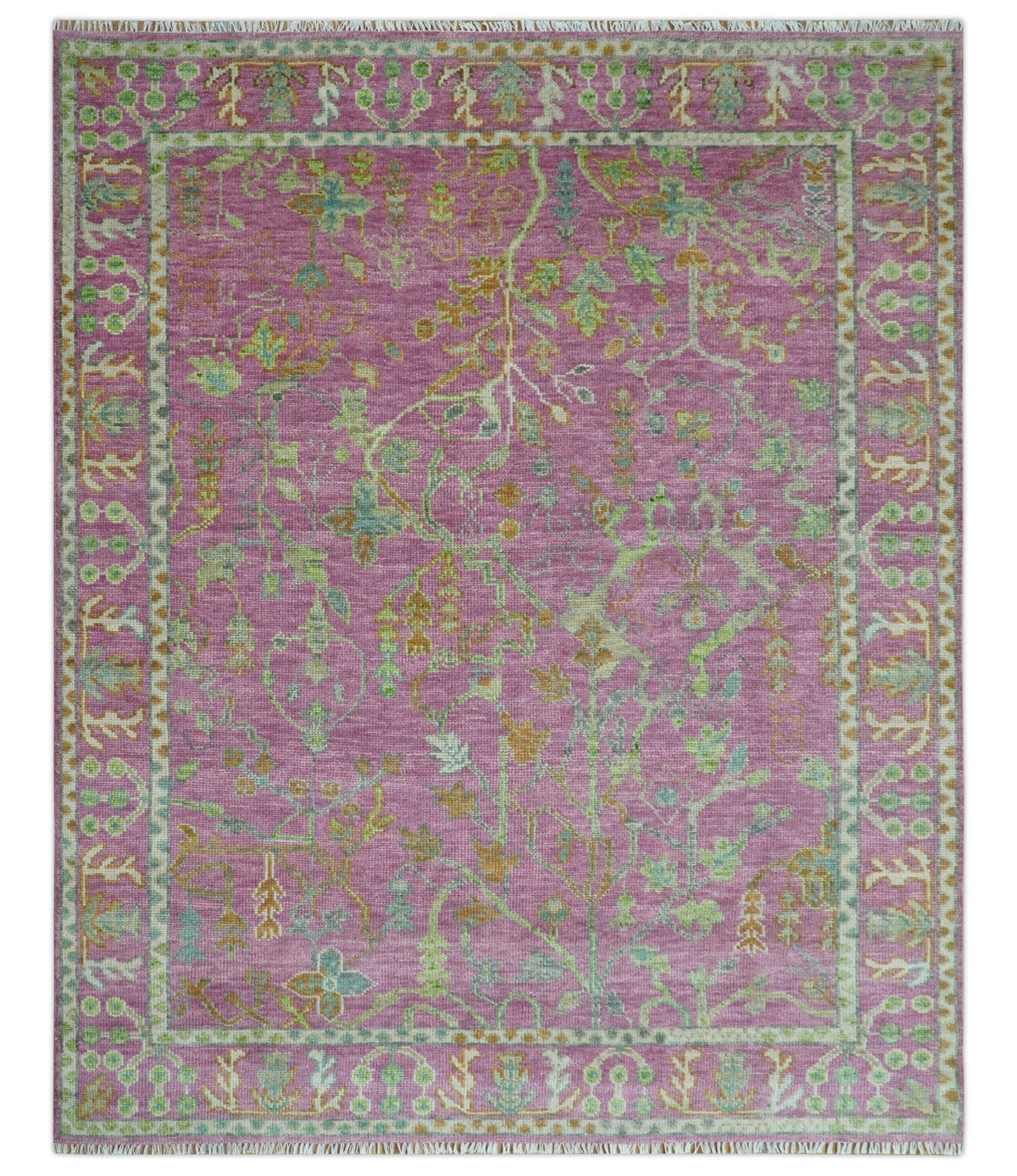 The Plants and Roots Pink and Green Hand Knotted Traditional Custom Made Wool Rug.