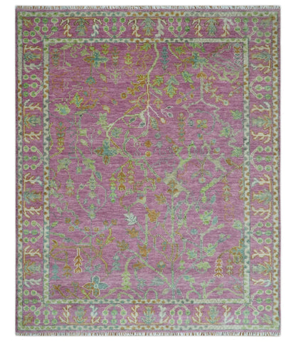 The Plants and Roots Pink and Green Hand Knotted Traditional Custom Made Wool Rug.