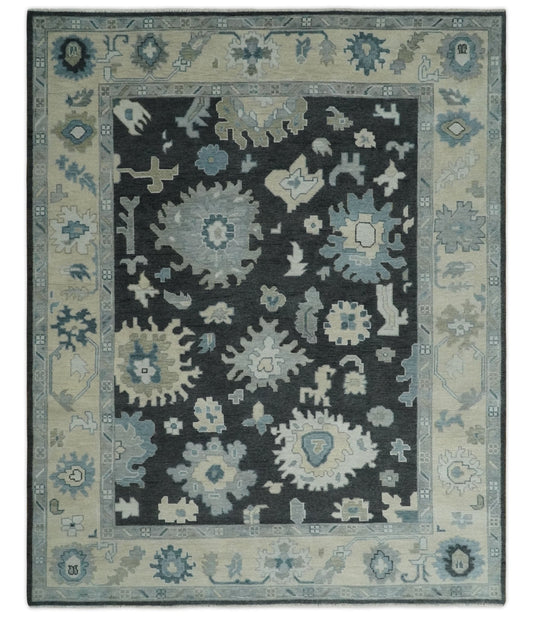 Black, Beige and Silver Hand Knotted Traditional Oushak Wool Area Rug.