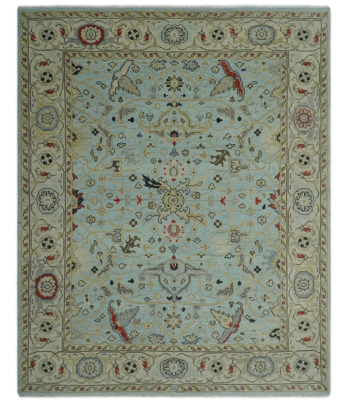 Traditional Aqua and Beige Hand knotted Oriental Oushak Custom Made wool Area Rug.