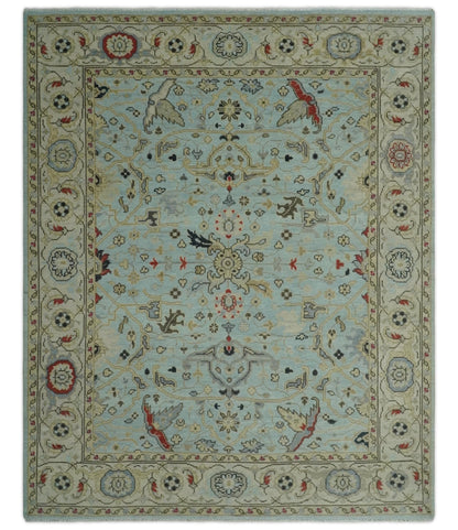 Traditional Aqua and Beige Hand knotted Oriental Oushak Custom Made wool Area Rug.