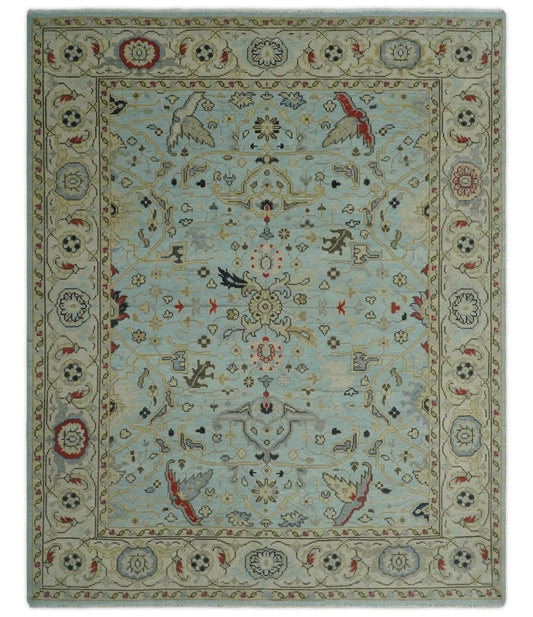 Traditional Aqua and Beige Hand knotted Oriental Oushak Custom Made wool Area Rug.
