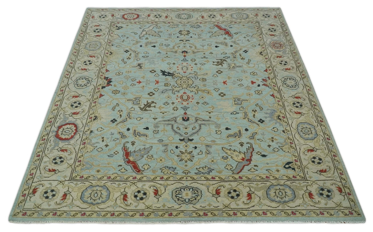 Traditional Aqua and Beige Hand knotted Oriental Oushak Custom Made wool Area Rug.