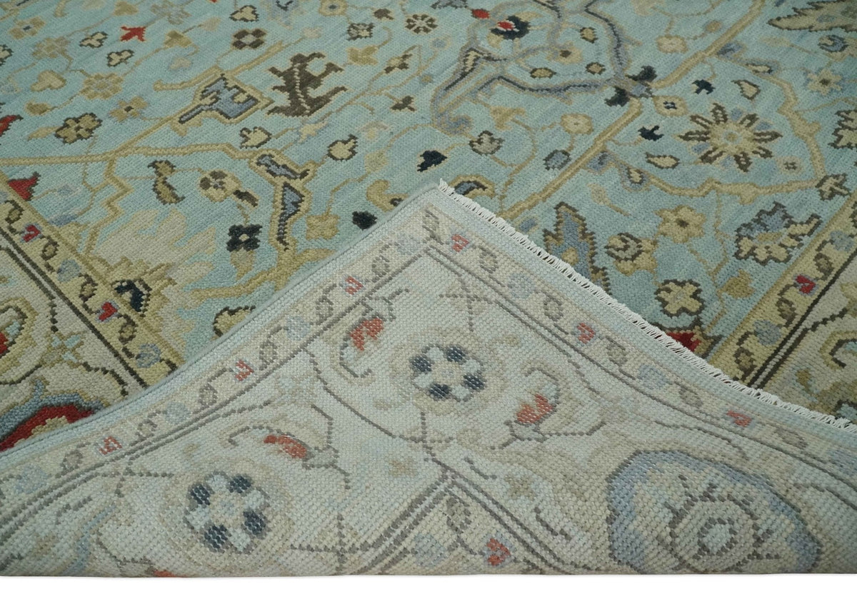 Traditional Aqua and Beige Hand knotted Oriental Oushak Custom Made wool Area Rug.