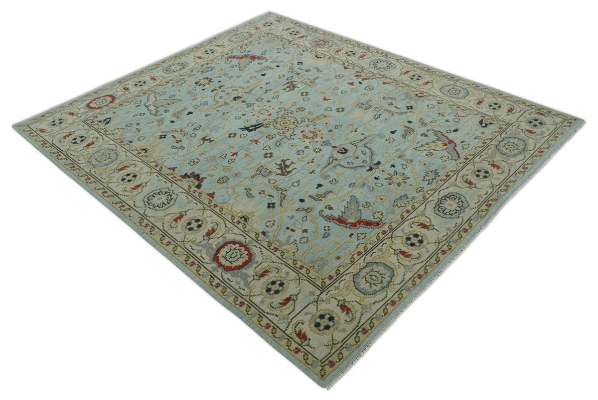 Traditional Aqua and Beige Hand knotted Oriental Oushak Custom Made wool Area Rug.