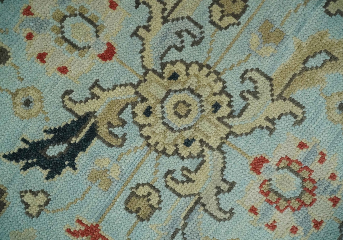 Traditional Aqua and Beige Hand knotted Oriental Oushak Custom Made wool Area Rug.