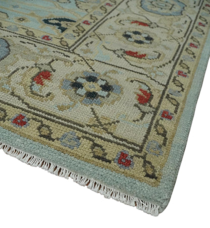 Traditional Aqua and Beige Hand knotted Oriental Oushak Custom Made wool Area Rug.