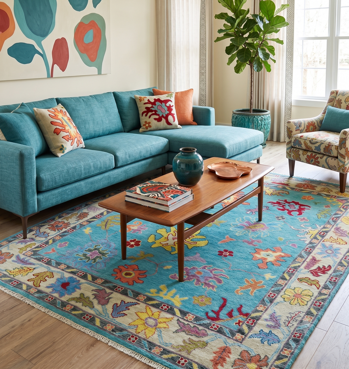 Traditional Blue and Beige Hand knotted Oushak Custom Made Wool Area Rug.