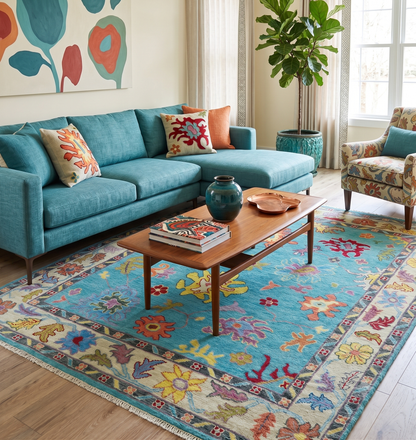 Traditional Blue and Beige Hand knotted Oushak Custom Made Wool Area Rug.