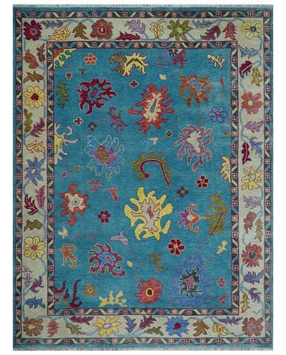 Traditional Blue and Beige Hand knotted Oushak Custom Made Wool Area Rug.