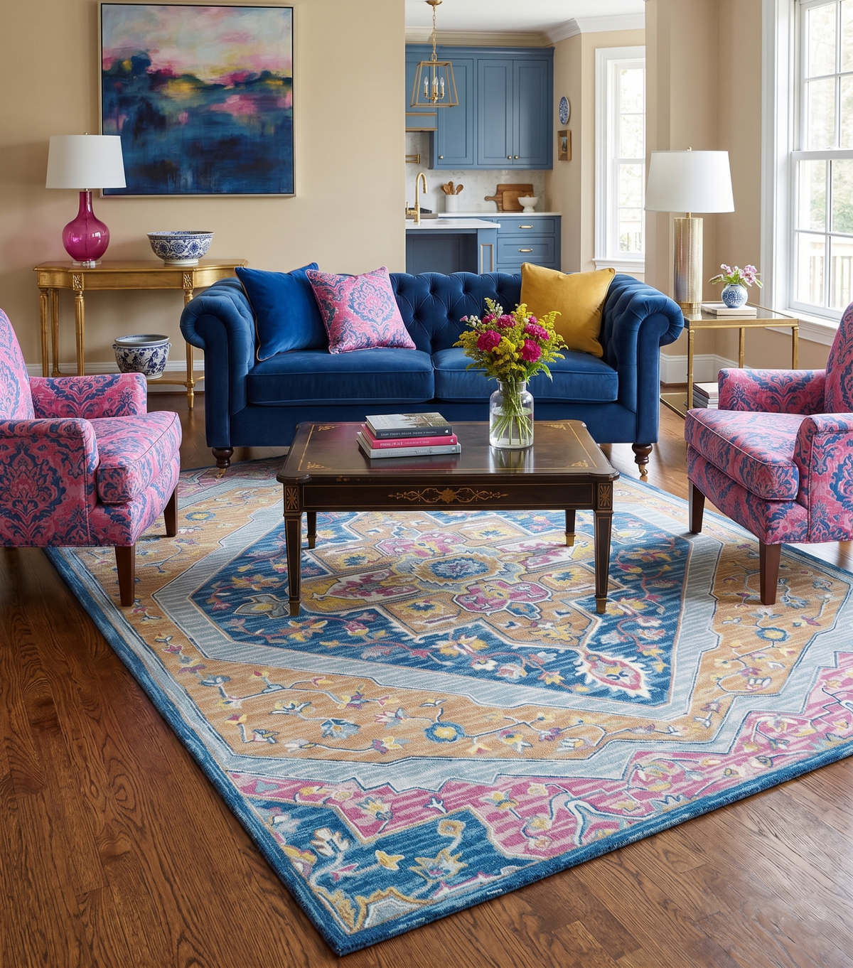 Traditional Blue and Camel Textured Loop Wool Hand Tufted Area Rug.