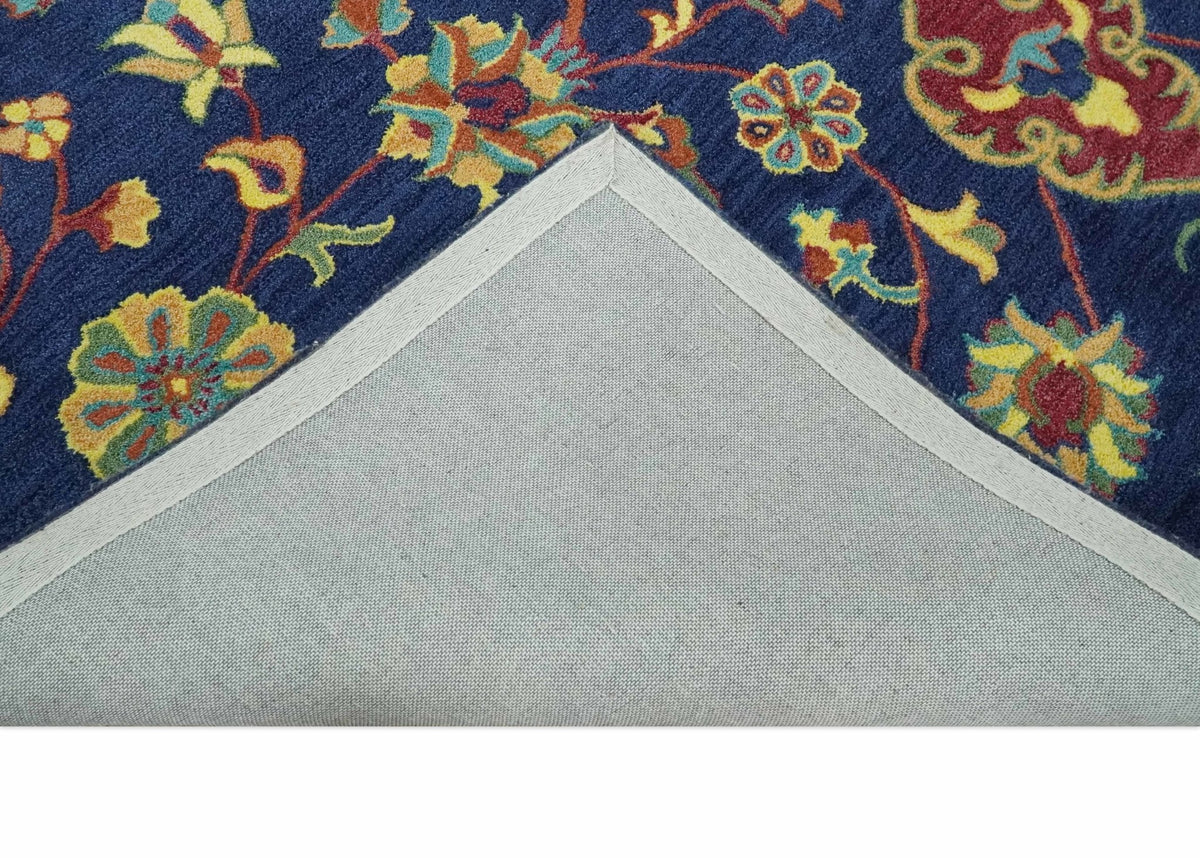 Traditional Blue and Red Hand Tufted Turkish Design Wool Area Rug.