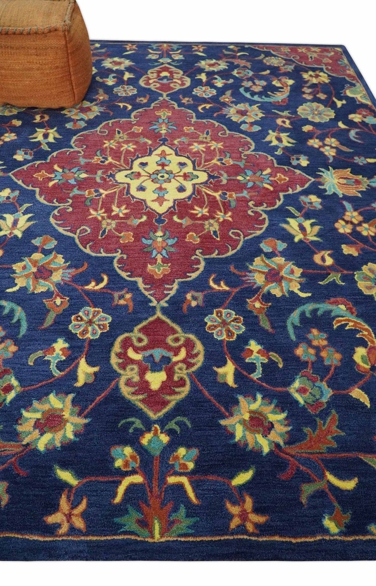 Traditional Blue and Red Hand Tufted Turkish Design Wool Area Rug.