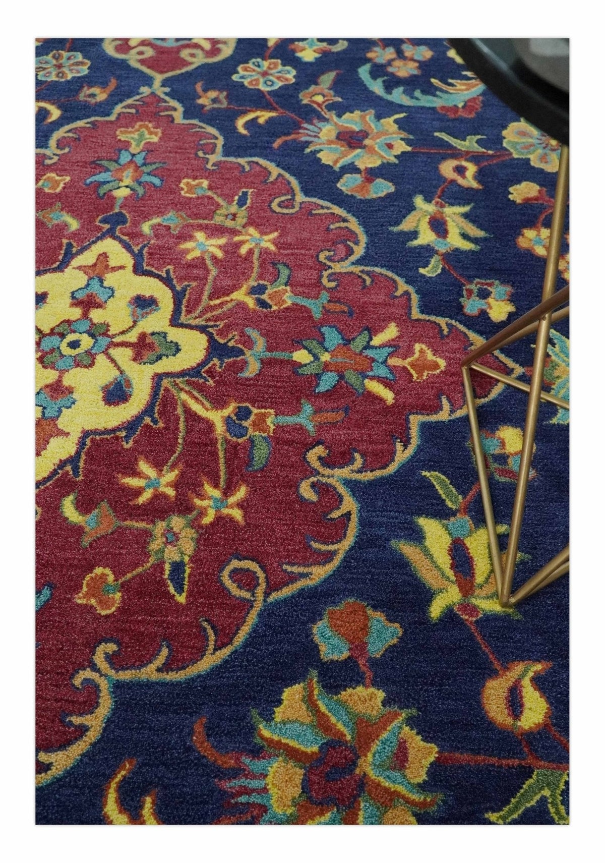 Traditional Blue and Red Hand Tufted Turkish Design Wool Area Rug.