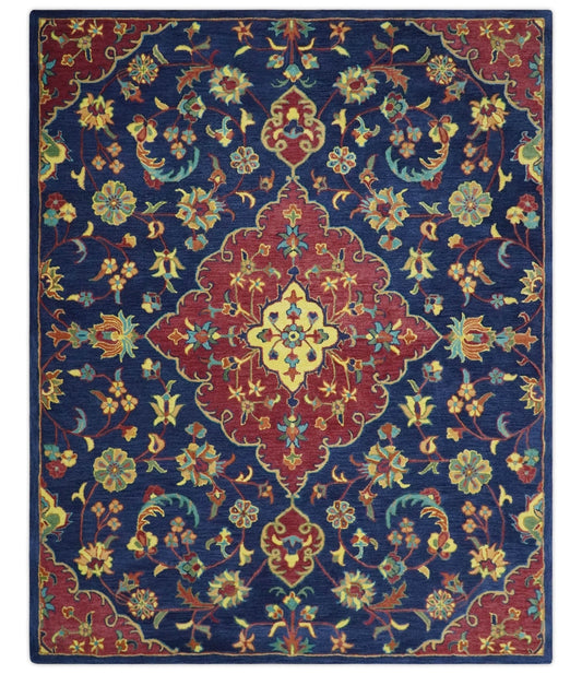 Traditional Blue and Red Hand Tufted Turkish Design Wool Area Rug.