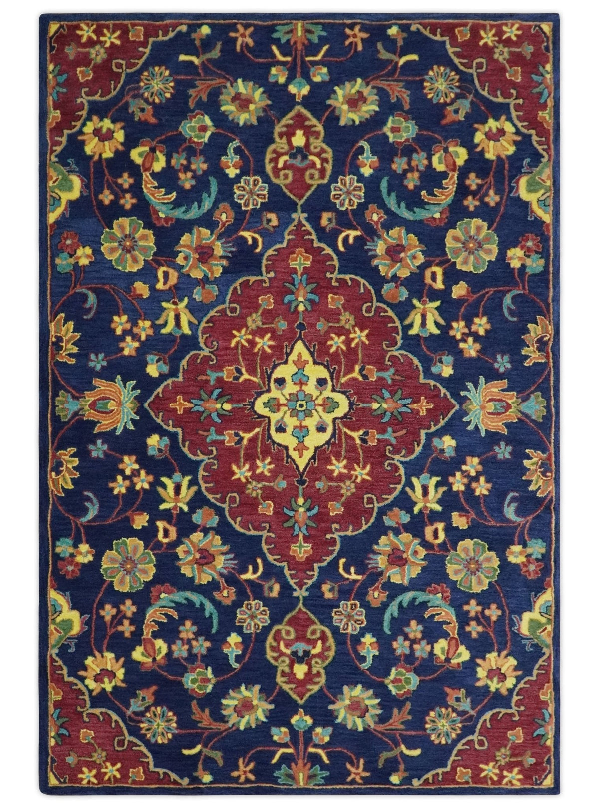 Traditional Blue and Red Hand Tufted Turkish Design Wool Area Rug.