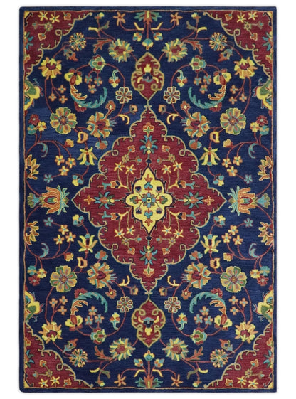 Traditional Blue and Red Hand Tufted Turkish Design Wool Area Rug.