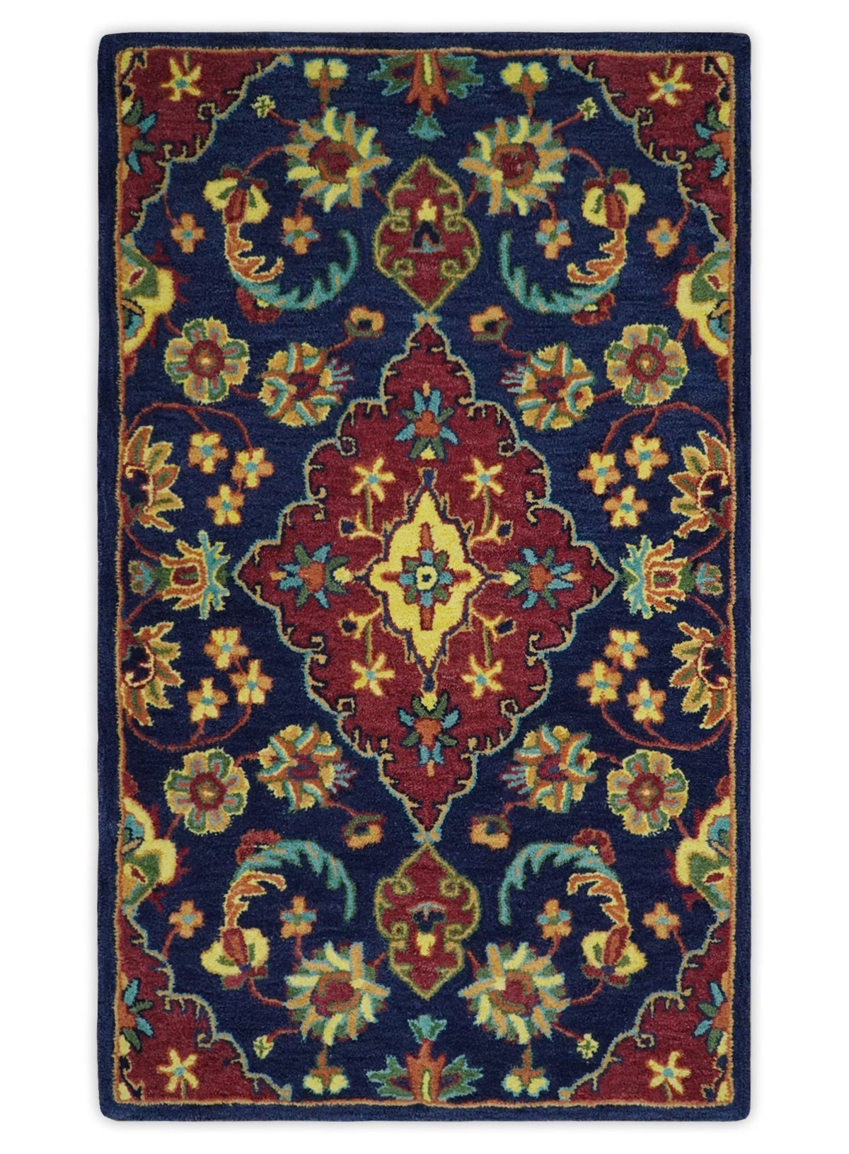 Traditional Blue and Red Hand Tufted Turkish Design Wool Area Rug.