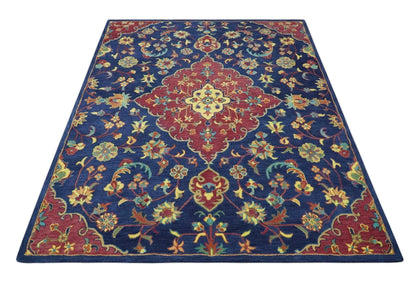 Traditional Blue and Red Hand Tufted Turkish Design Wool Area Rug.