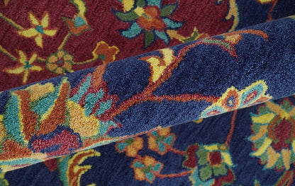 Traditional Blue and Red Hand Tufted Turkish Design Wool Area Rug.