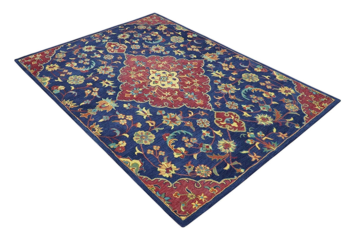 Traditional Blue and Red Hand Tufted Turkish Design Wool Area Rug.